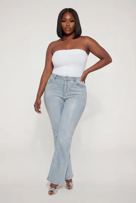 Plus Size High Waisted Rhinestone Flare Leg Jeans made by Daisy