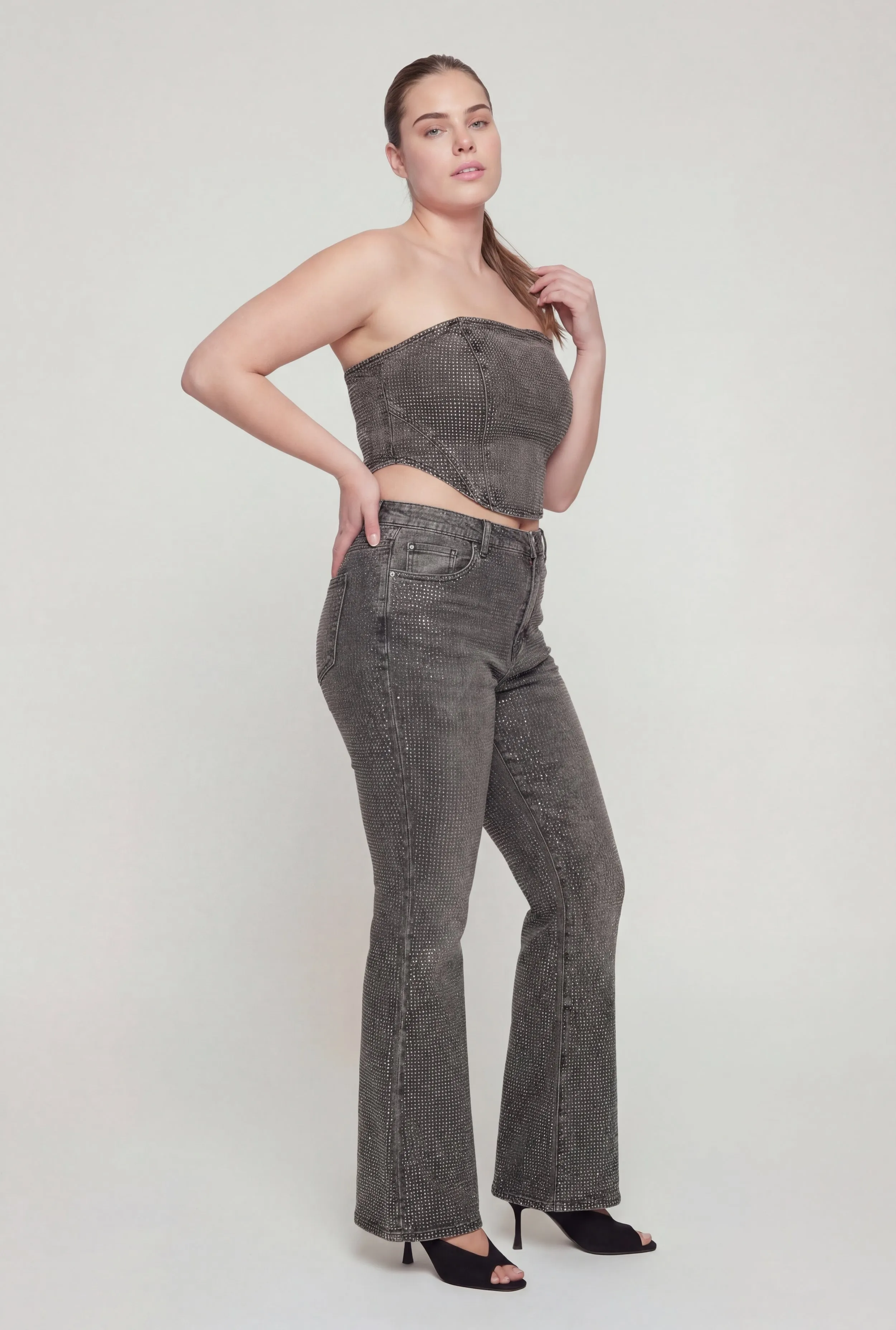 Plus Size High Waisted Rhinestone Flare Leg Jeans sold by Rainbow product image thumbnail 2