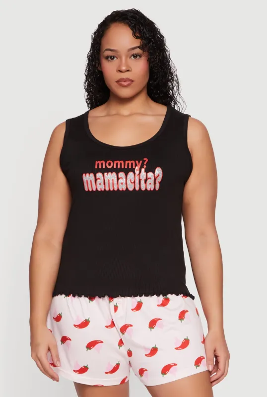 Plus Size Mommy Graphic Pajama Tank Top and Shorts made by Rainbow