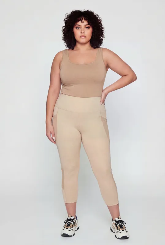 Plus Size Mesh Detail Cropped Leggings with Side Pockets made by Rainbow