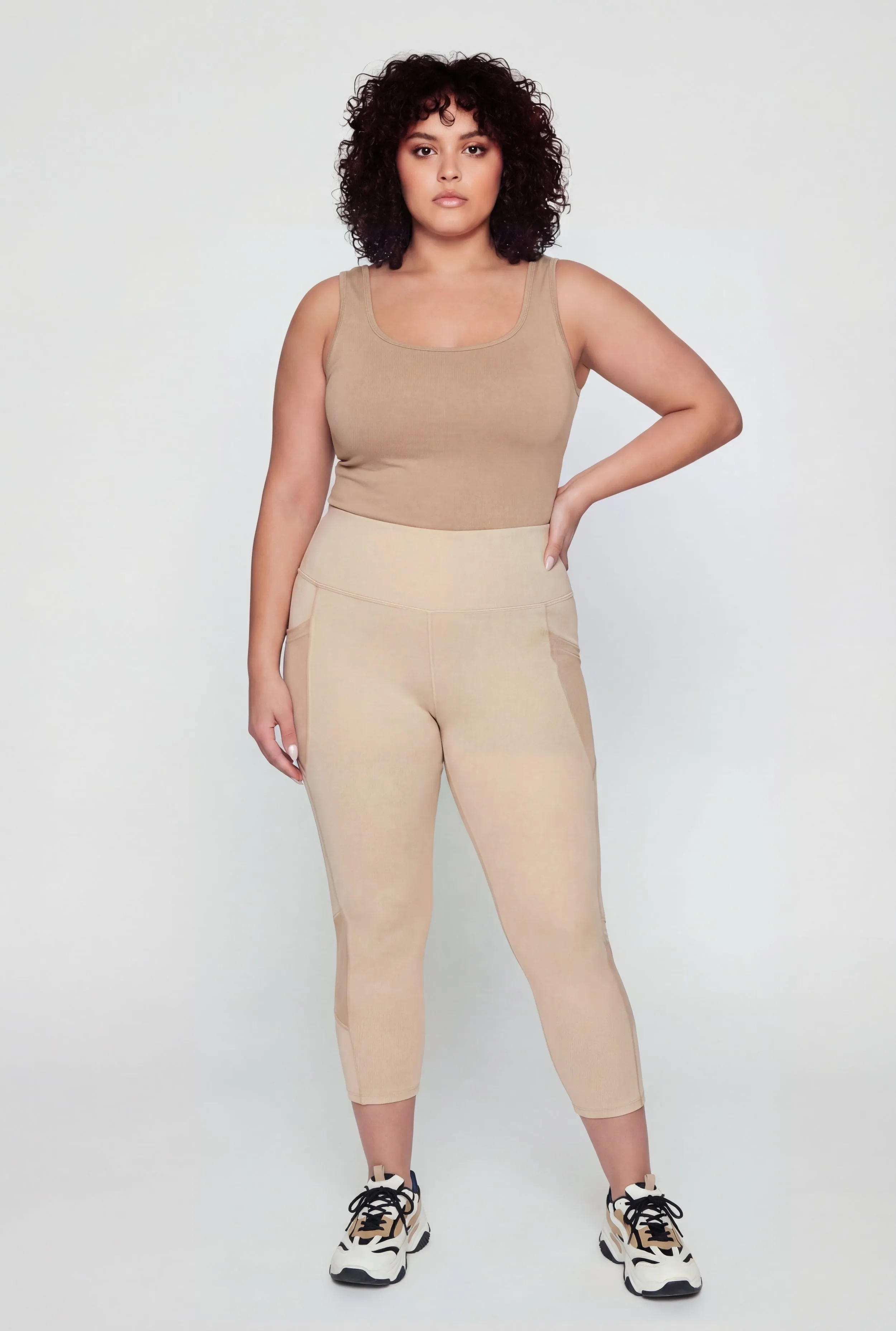 Plus Size Mesh Detail Cropped Leggings with Side Pockets sold by Rainbow