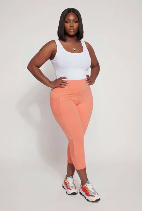 Plus Size Mesh Detail Cropped Leggings with Side Pockets made by Rainbow