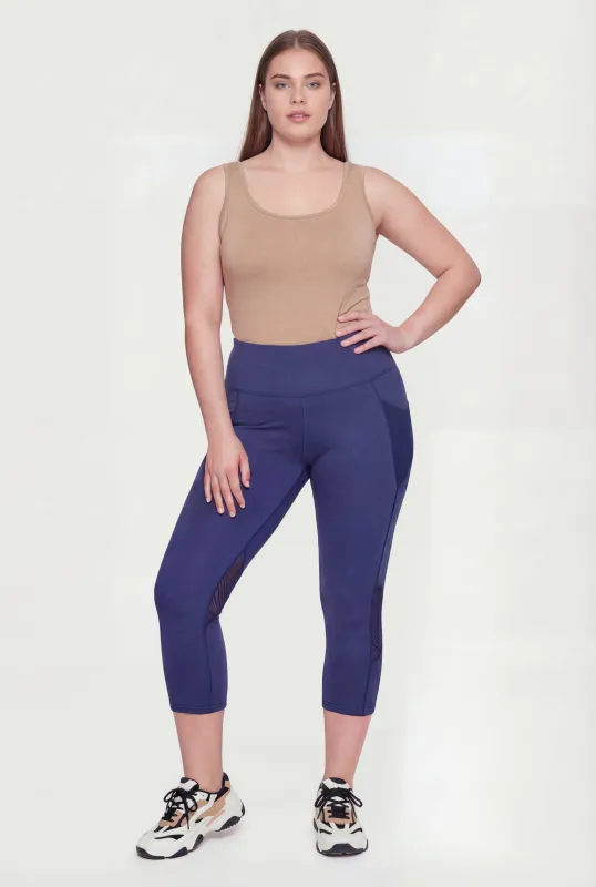 Plus Size Mesh Detail Cropped Leggings with Side Pockets made by Rainbow