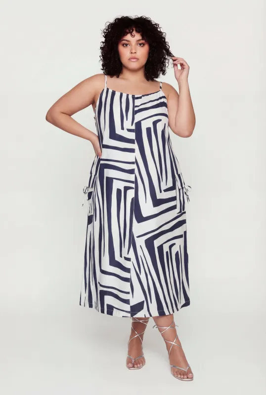 Plus Size Geometric Print Sleeveless Dress with Cargo Pockets made by Rainbow