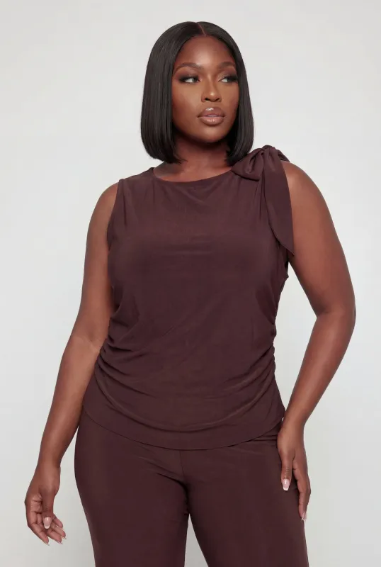 Plus Size Sleeveless Ruched Blouse with Bow Detail made by Rainbow