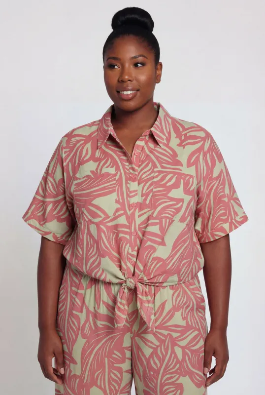 Plus Size Abstract Leaf Print Tie Front Shirt made by Rainbow