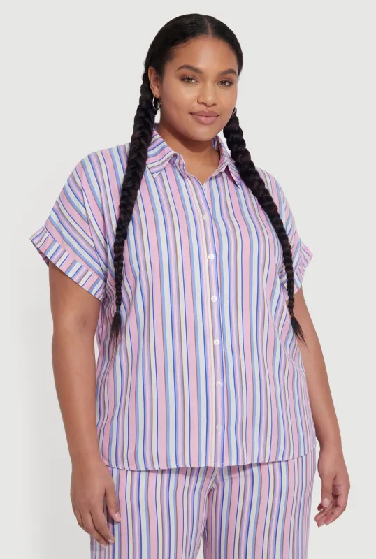 Plus Size Crepe Knit Striped Button Front Shirt made by Rainbow