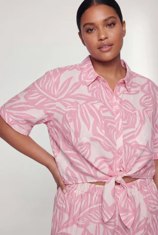 Plus Size Abstract Leaf Print Tie Front Shirt made by Rainbow