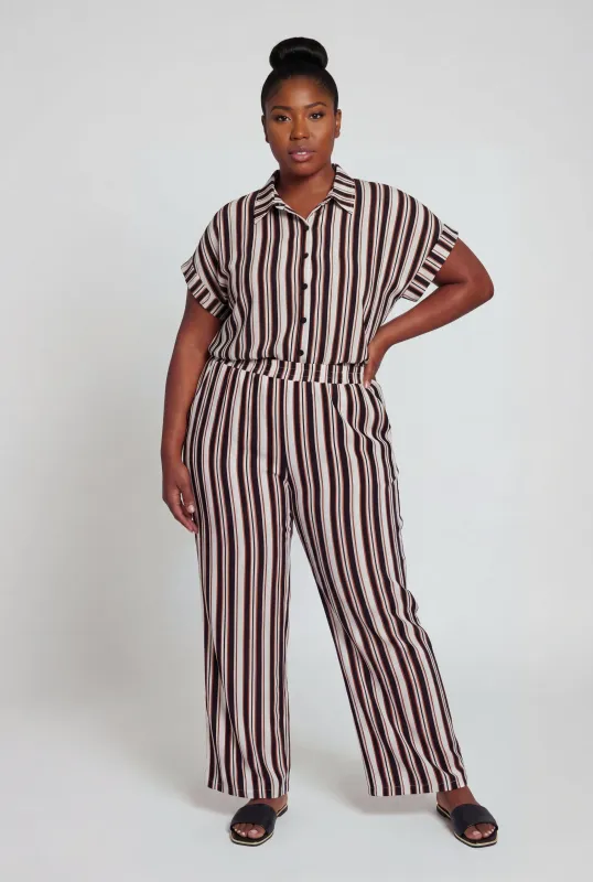 Plus Size Crepe Knit Striped Wide Leg Pants made by Rainbow