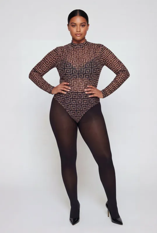 Plus Size Greek Key Print Mesh Bodysuit made by Rainbow