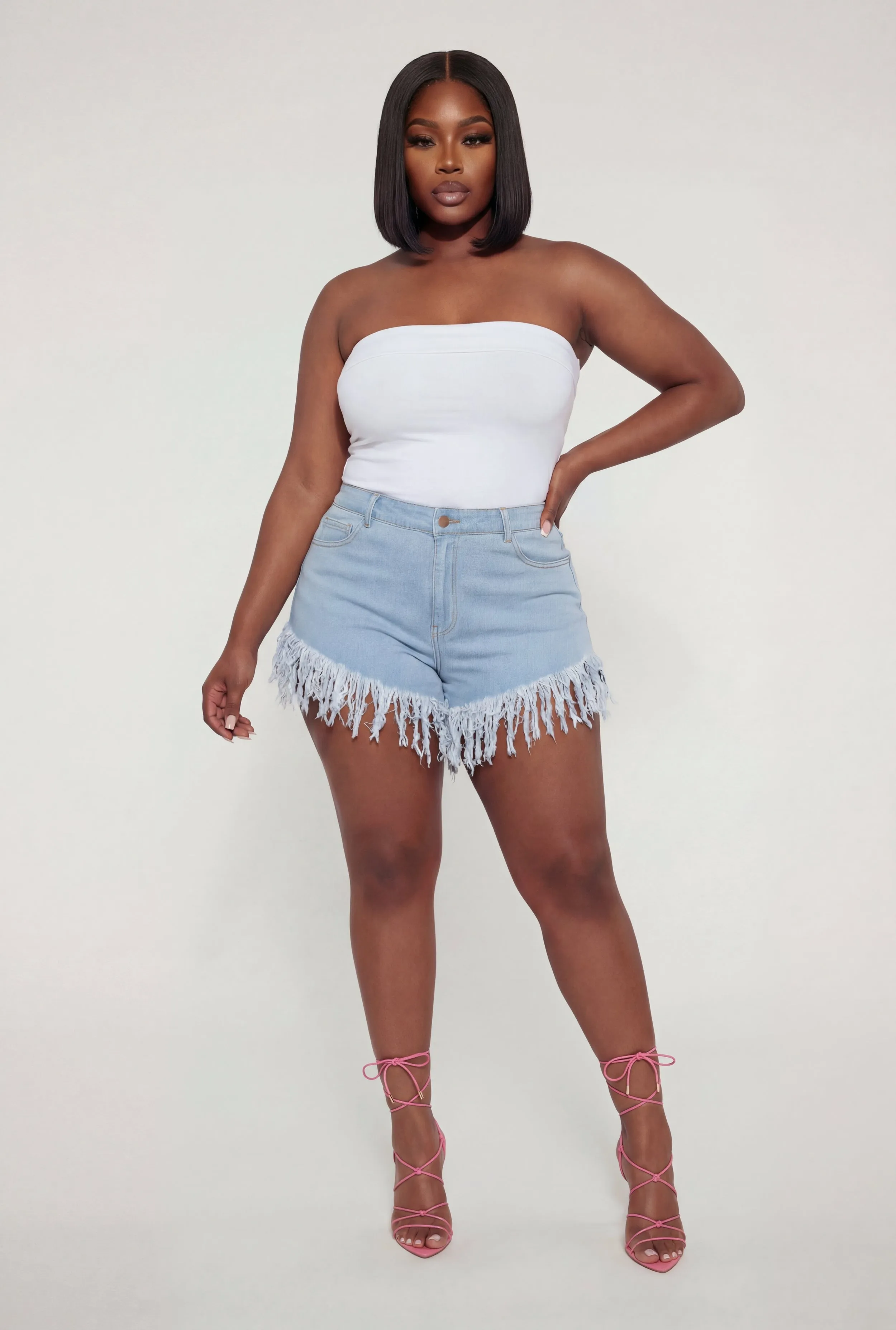 Plus Size Fringe Hem High Waisted Shorts sold by Rainbow