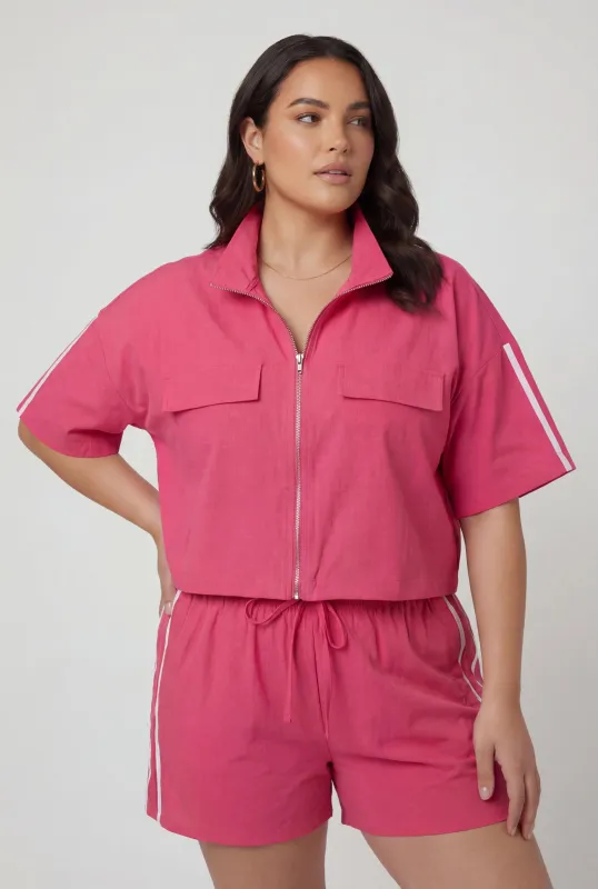 Plus Size Zip Front Cargo Pocket Crop Top made by Rainbow