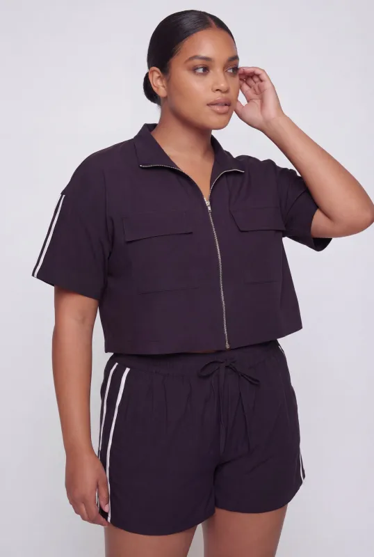Plus Size Zip Front Cargo Pocket Crop Top made by Rainbow