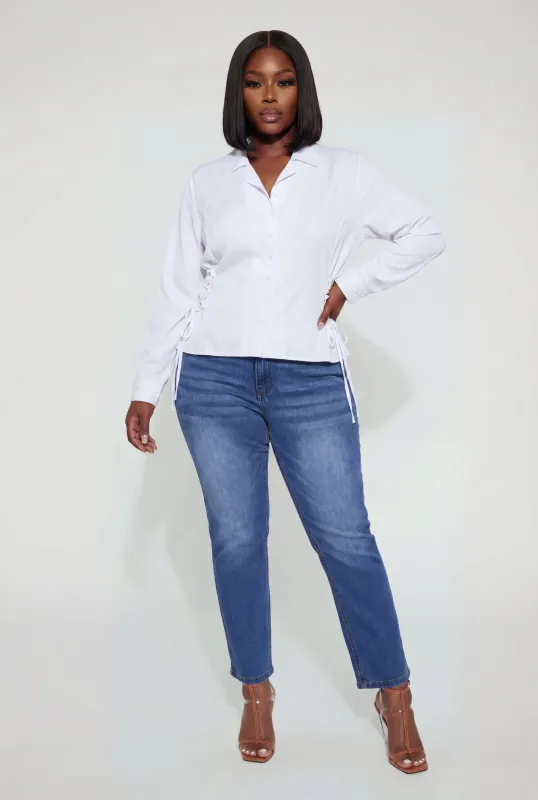 Plus Size Lace Up Sides Long Sleeve Collared Shirt made by Rainbow