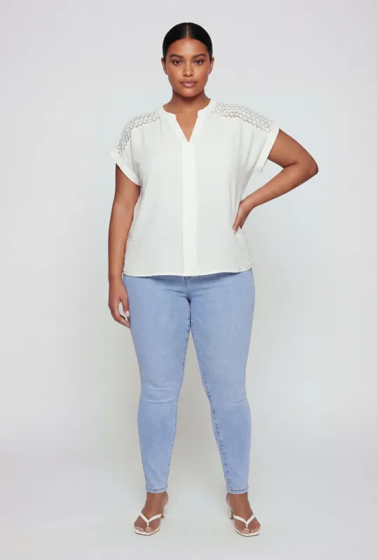 Plus Size Crochet Detail Notch Neck Top made by Rainbow