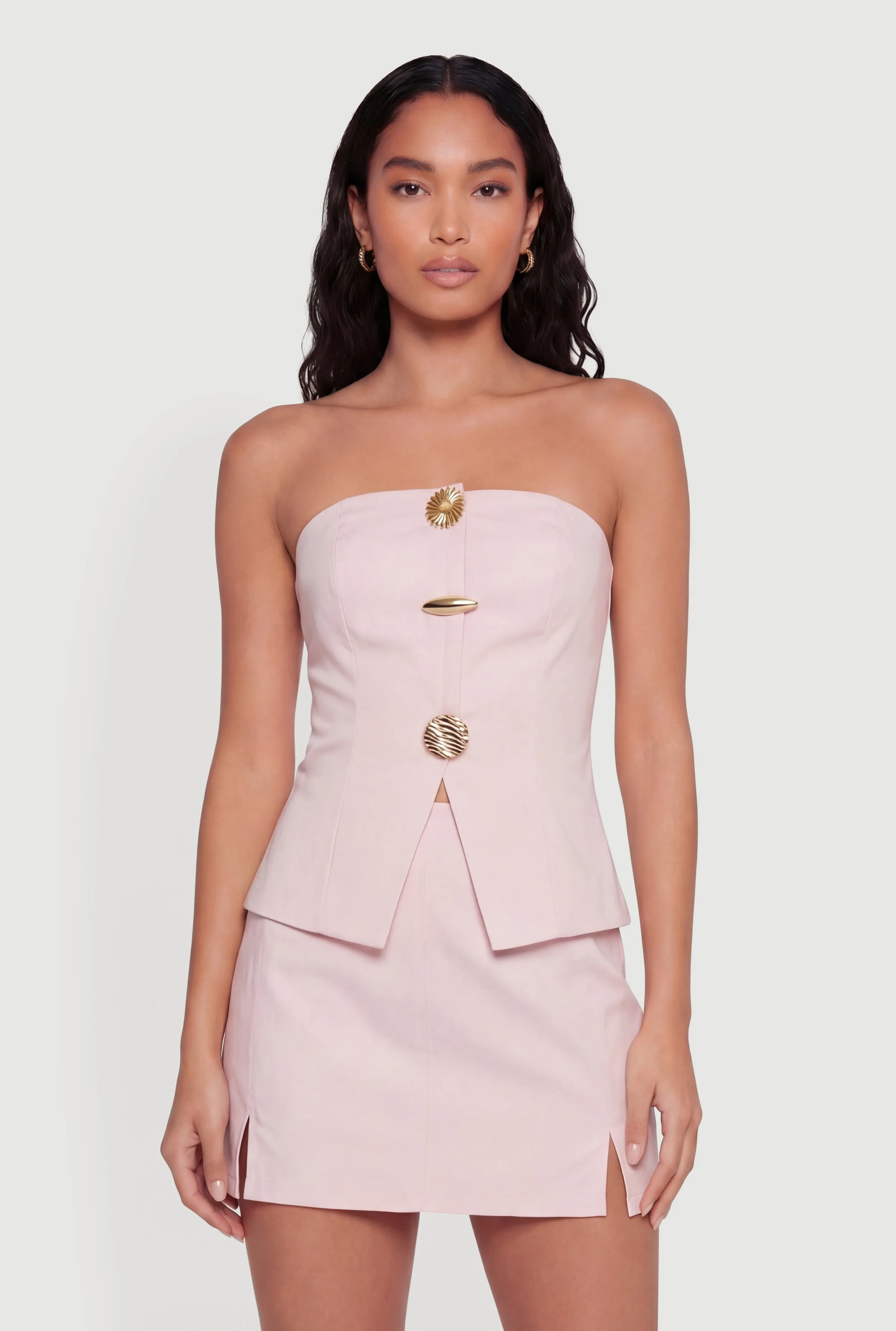 Metallic Button Detail Slit Front Tube Top sold by Rainbow