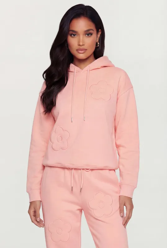 Floral Applique Pullover Drawstring Hoodie made by Rainbow