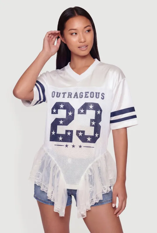Lace Ruffle Trim Varsity Stripe Satin Mesh Graphic Jersey made by Rainbow