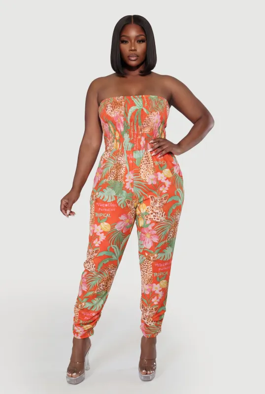 Plus Size Cheetah Leaf Print Smocked Tube Jumpsuit made by Rainbow