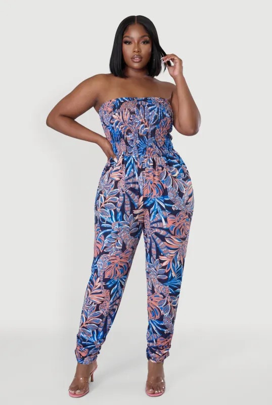 Plus Size Tropical Leaf Print Smocked Tube Jumpsuit made by Rainbow