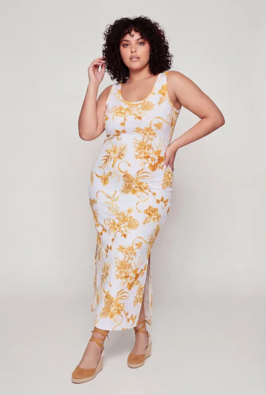 Plus Size Floral Rib Knit Maxi Tank Dress made by Rainbow