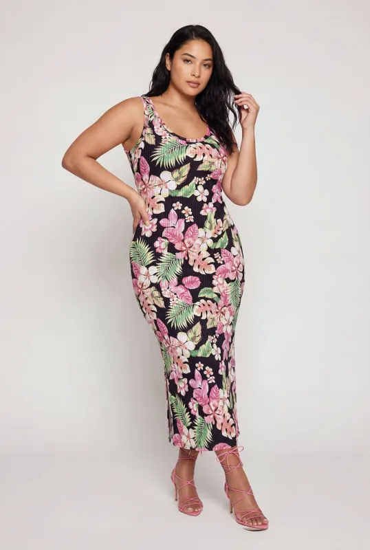 Plus Size Tropical Floral Rib Knit Maxi Tank Dress made by Rainbow