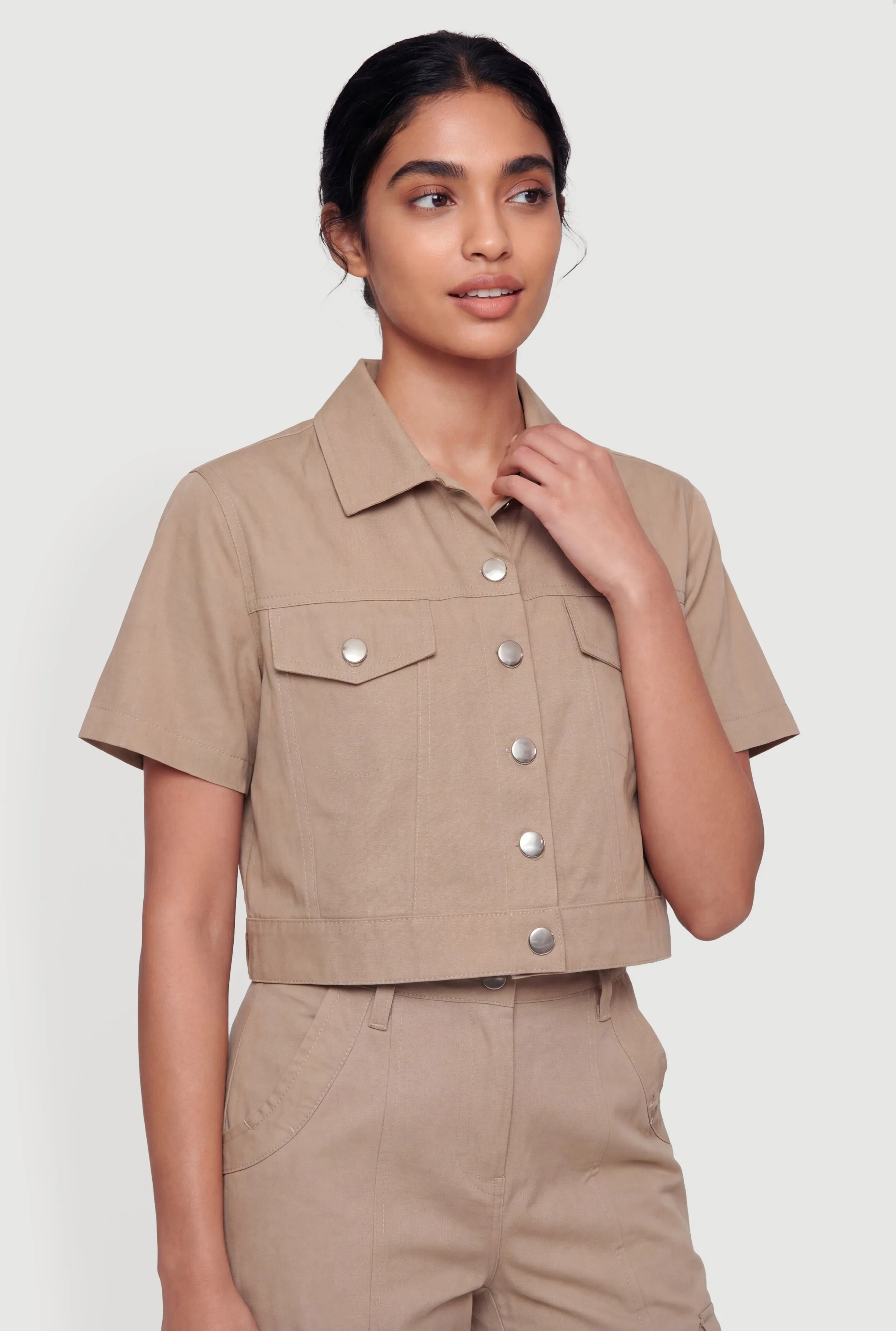 Nylon Short Sleeve Cropped Button Front Shirt sold by Rainbow