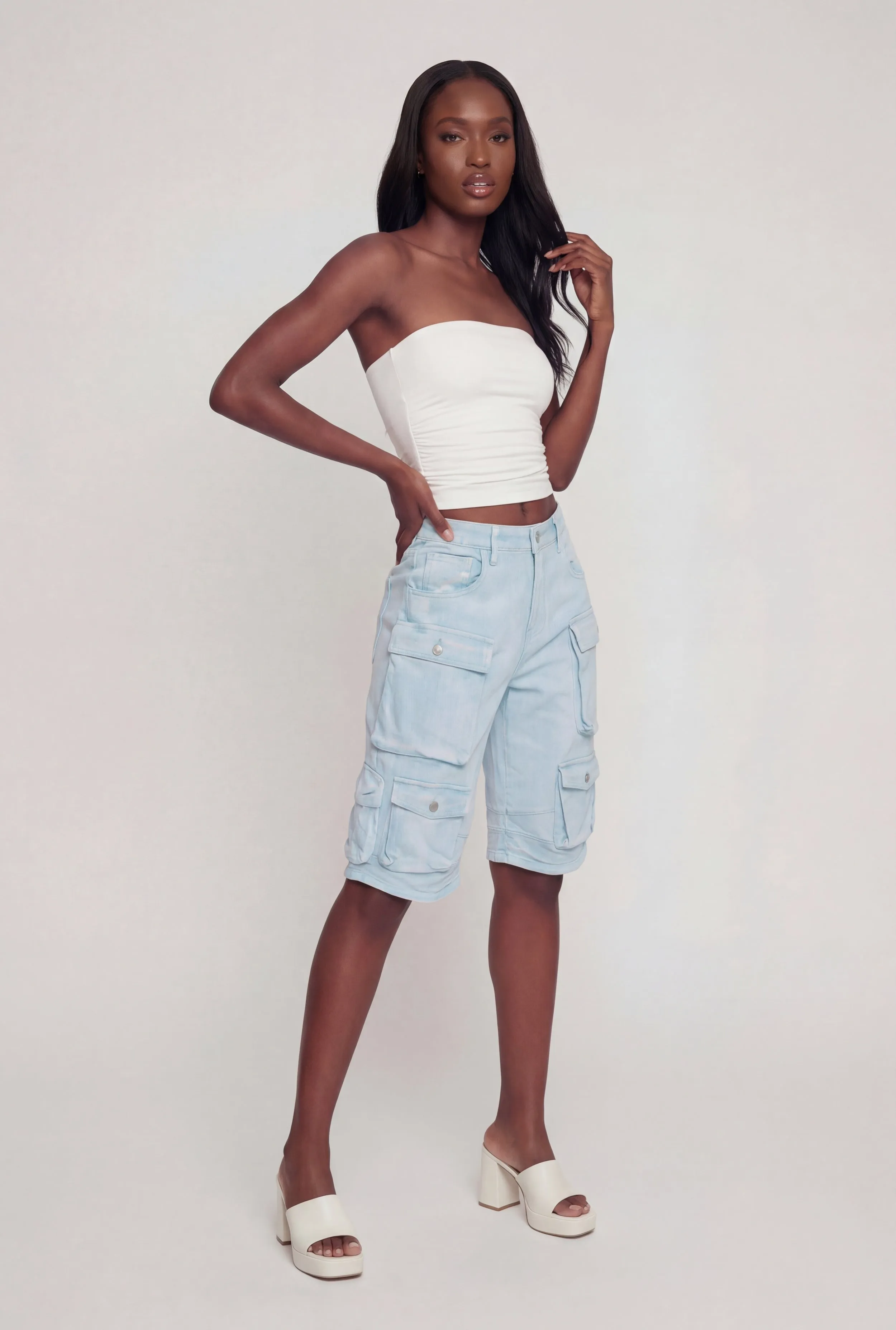 Denim High Waisted Cargo Bermuda Shorts sold by Rainbow product image thumbnail 2