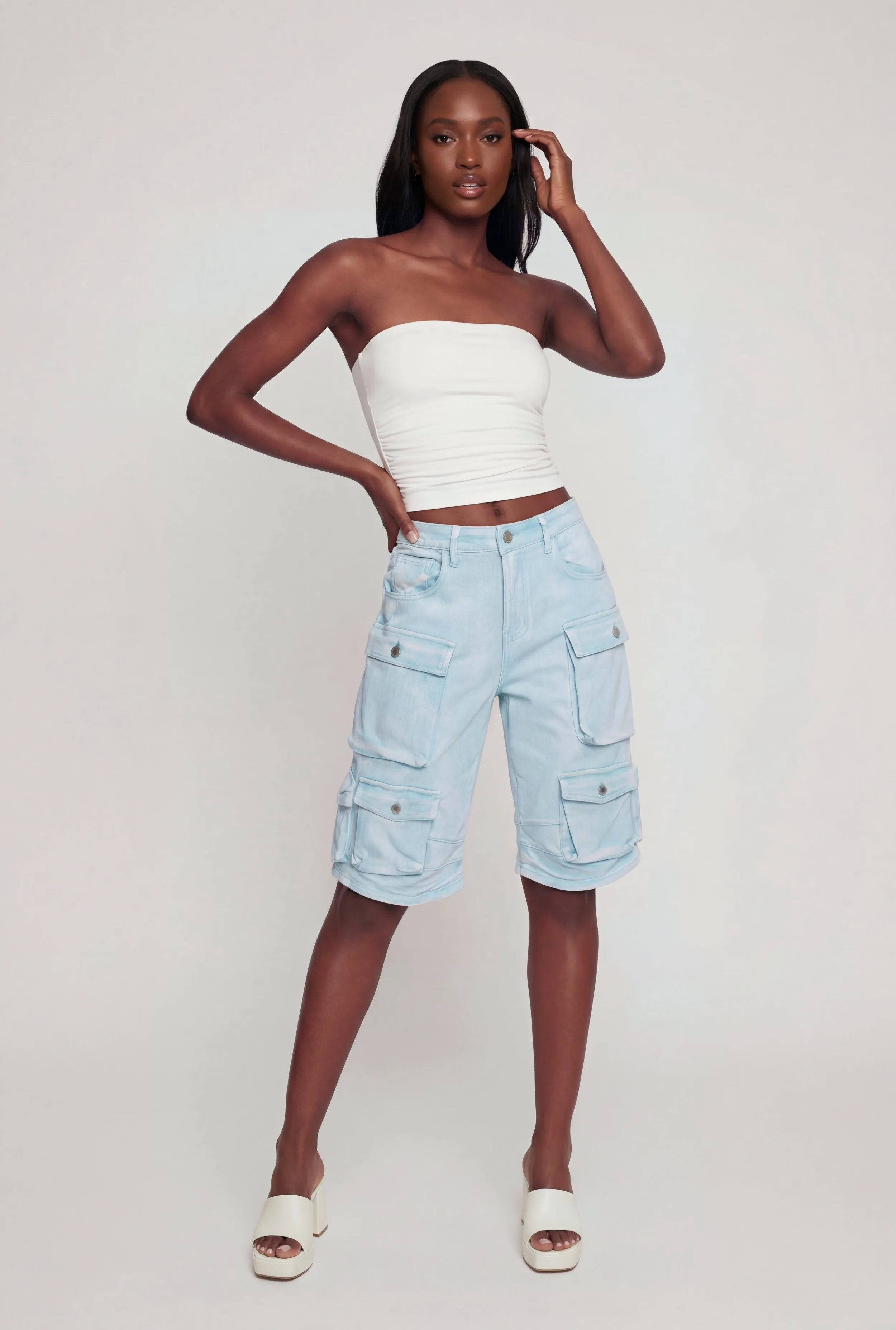 Denim High Waisted Cargo Bermuda Shorts sold by Rainbow
