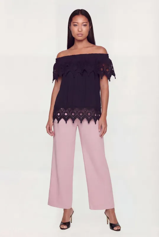 Crochet Detail Fold Over Off The Shoulder Top made by Rainbow