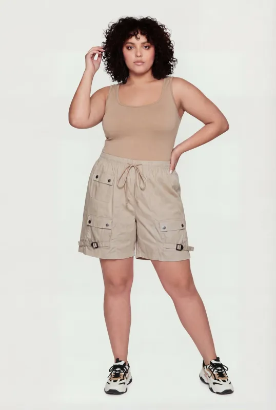 Plus Size Poplin Drawstring Waist Utility Shorts made by Rainbow