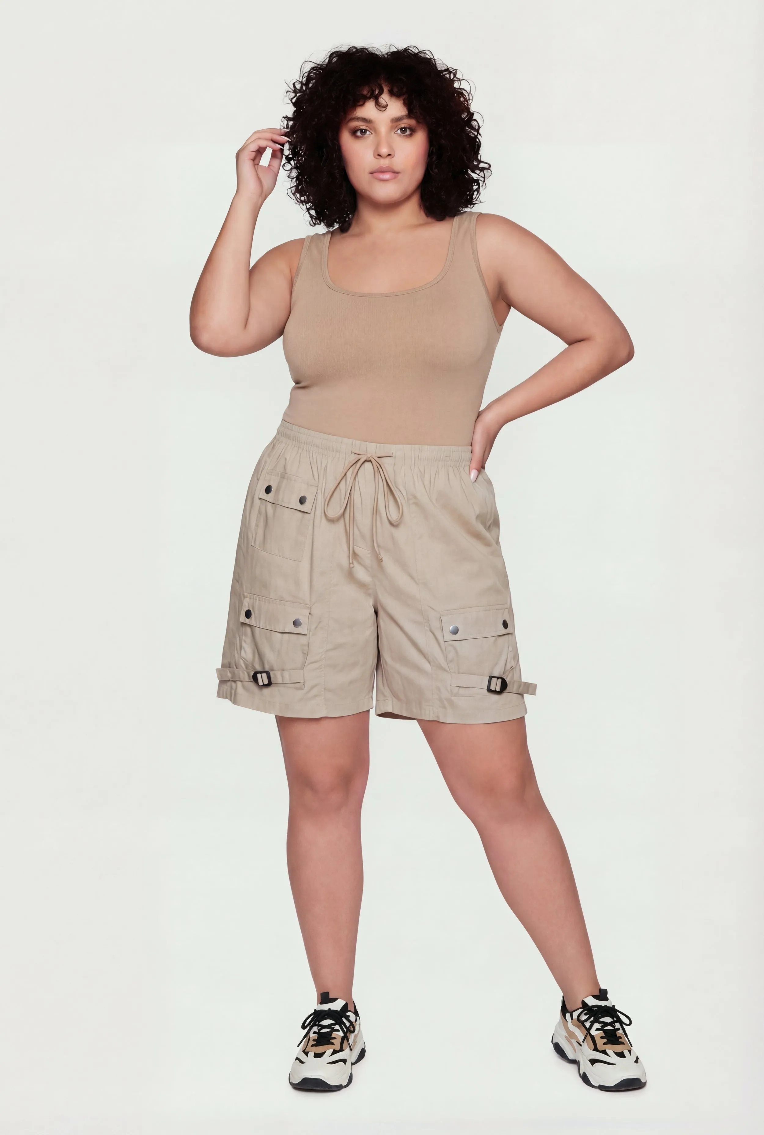 Plus Size Poplin Drawstring Waist Utility Shorts sold by Rainbow