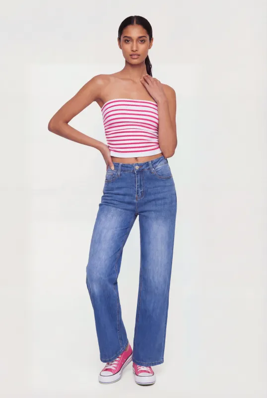 Striped Fold Over Ruched Side Cropped Tube Top made by Rainbow