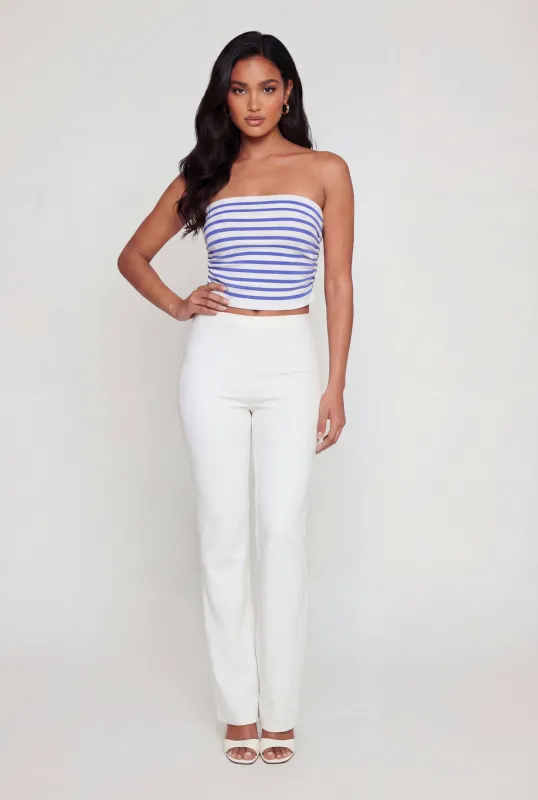 Striped Fold Over Ruched Side Cropped Tube Top made by Rainbow