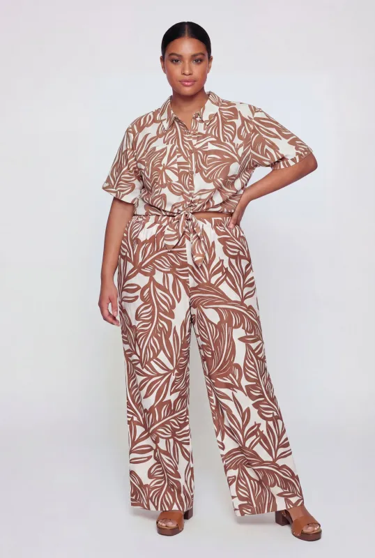Plus Size Abstract Leaf Print Wide Leg Pants made by Rainbow