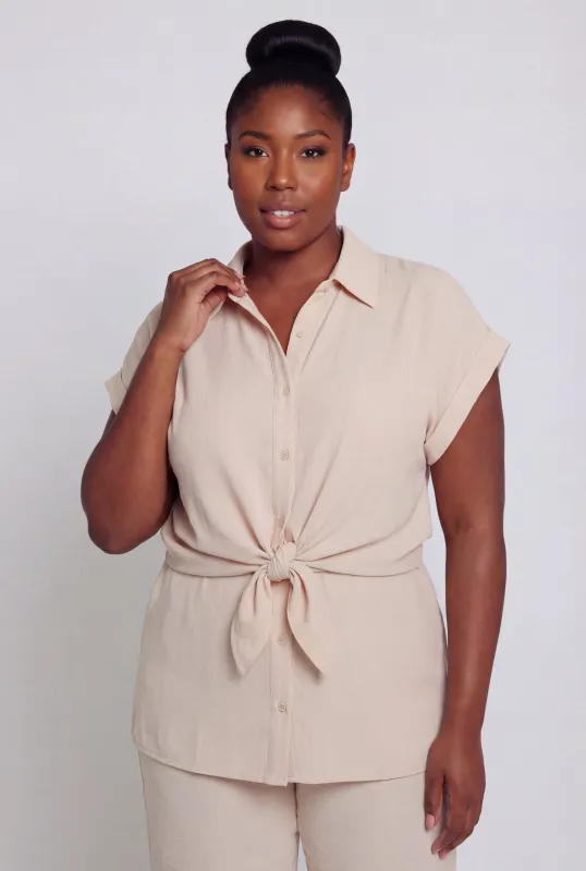 Plus Size Crepe Knit Tie Front Detail Button Front Shirt made by Rainbow