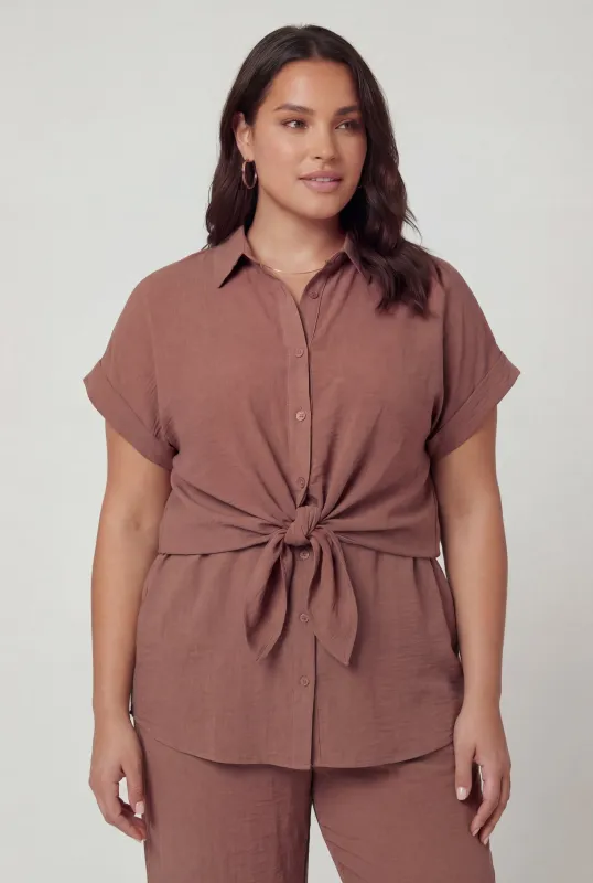 Plus Size Crepe Knit Tie Front Detail Button Front Shirt made by Rainbow