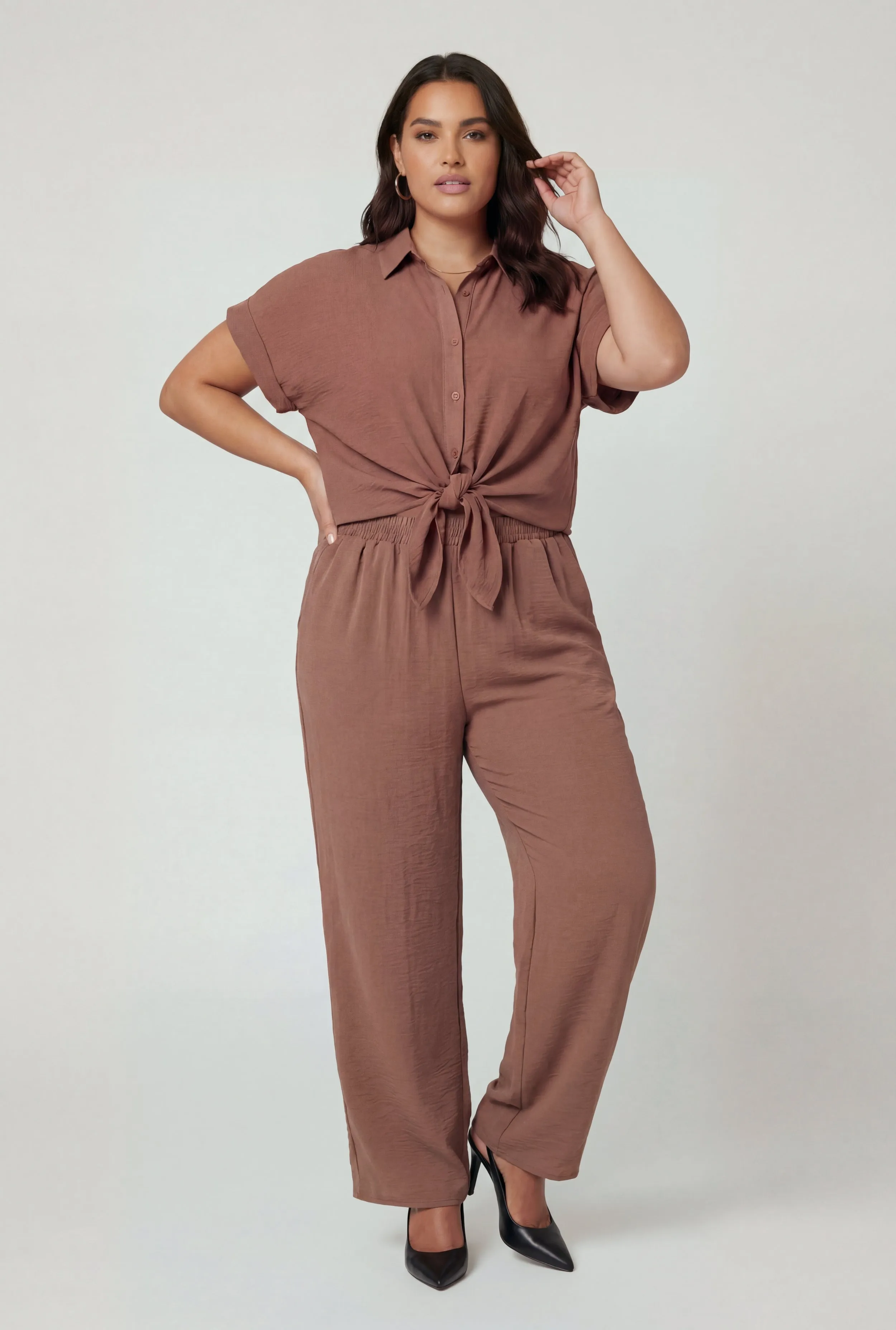 Plus Size Crepe Knit Tie Front Detail Button Front Shirt sold by Rainbow product image thumbnail 2