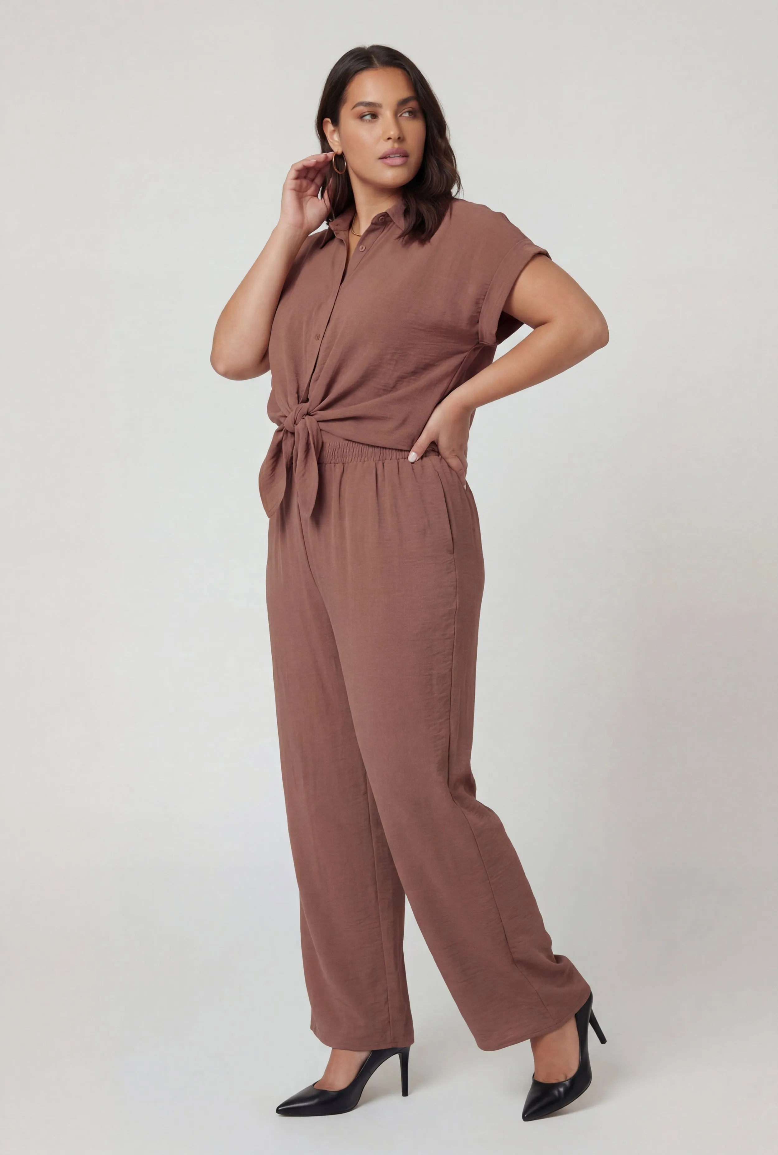 Plus Size Crepe Knit Tie Front Detail Button Front Shirt sold by Rainbow product image thumbnail 3