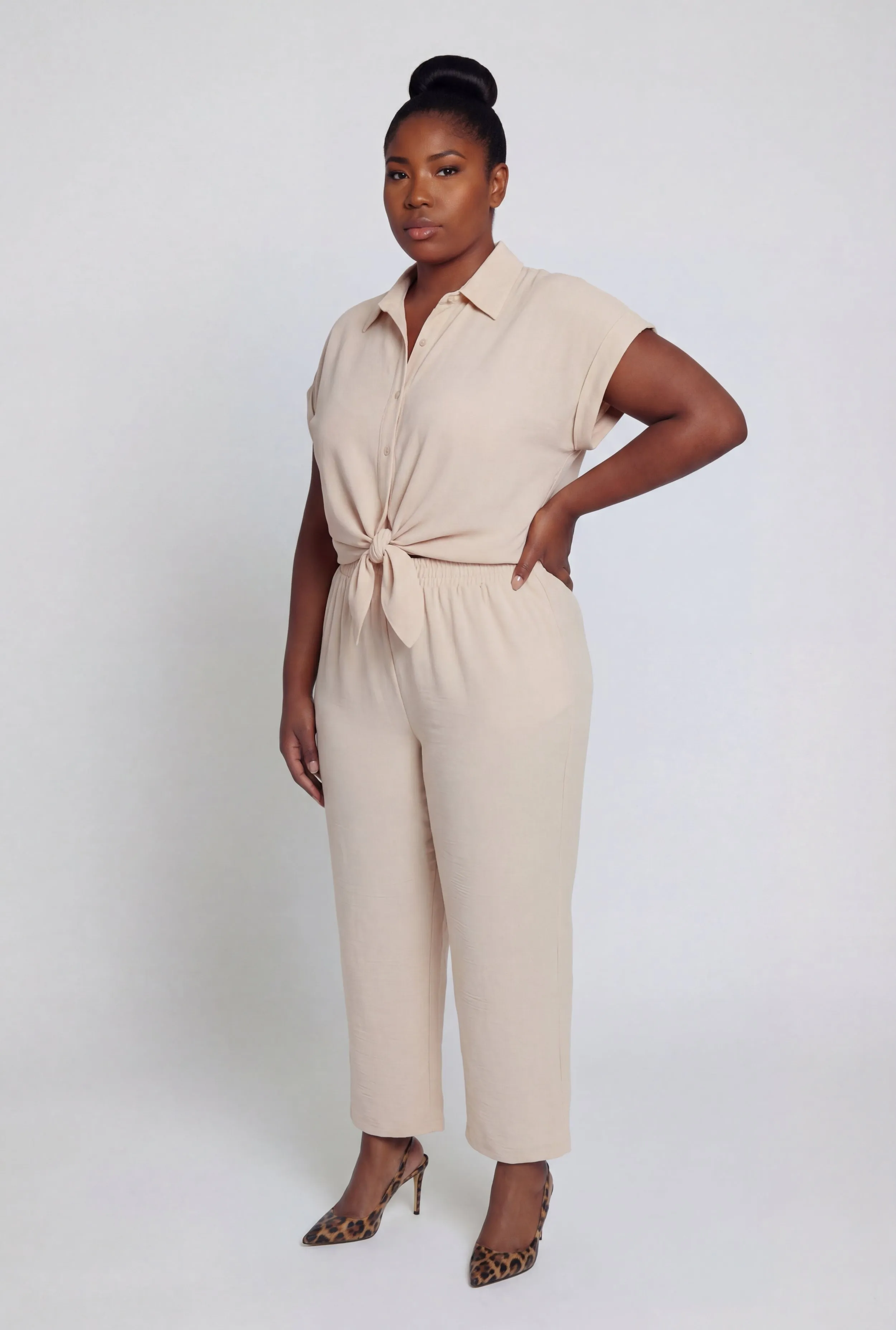 Plus Size Crepe Knit Tie Front Detail Button Front Shirt sold by Rainbow product image thumbnail 3