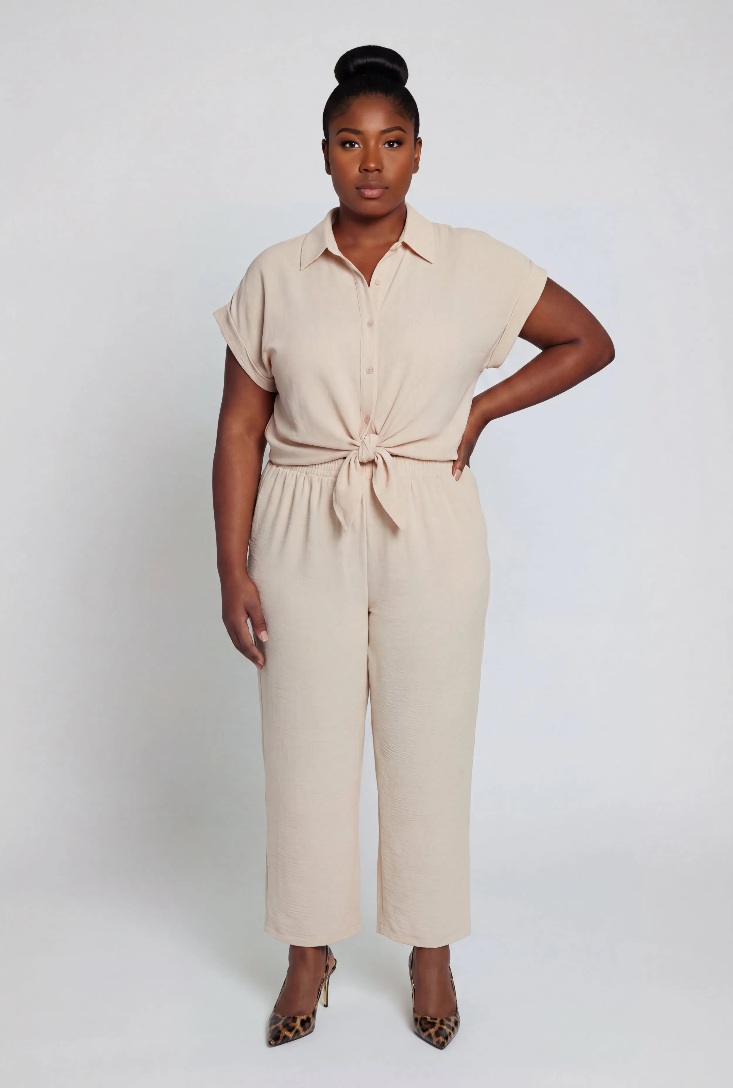 Plus Size Crepe Knit Tie Front Detail Button Front Shirt sold by Rainbow product image thumbnail 2