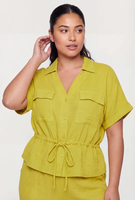 Plus Size Gauze Knit Tie Waist Buttont Front Shirt made by Rainbow