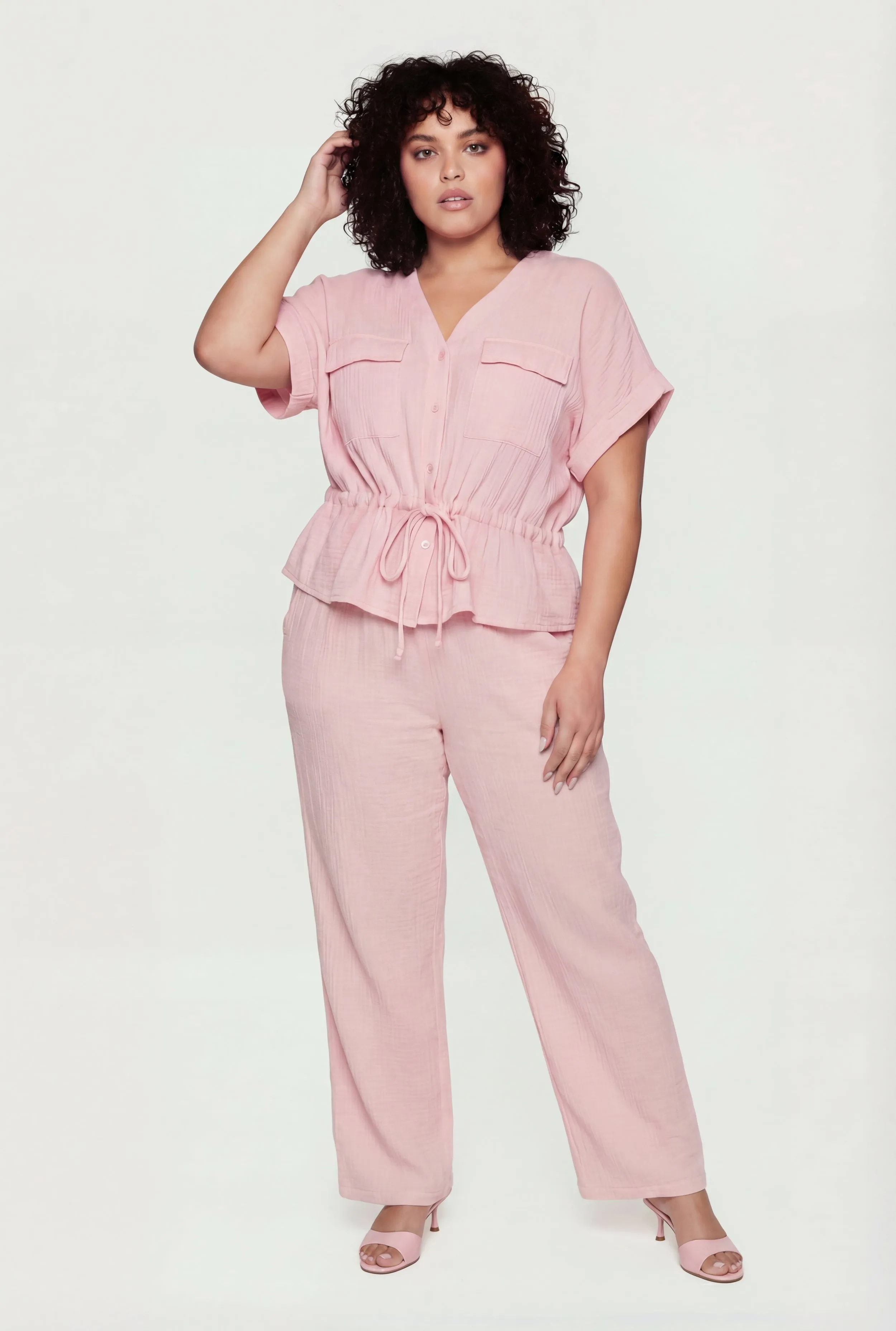 Plus Size Gauze Knit Tie Waist Buttont Front Shirt sold by Rainbow product image thumbnail 2