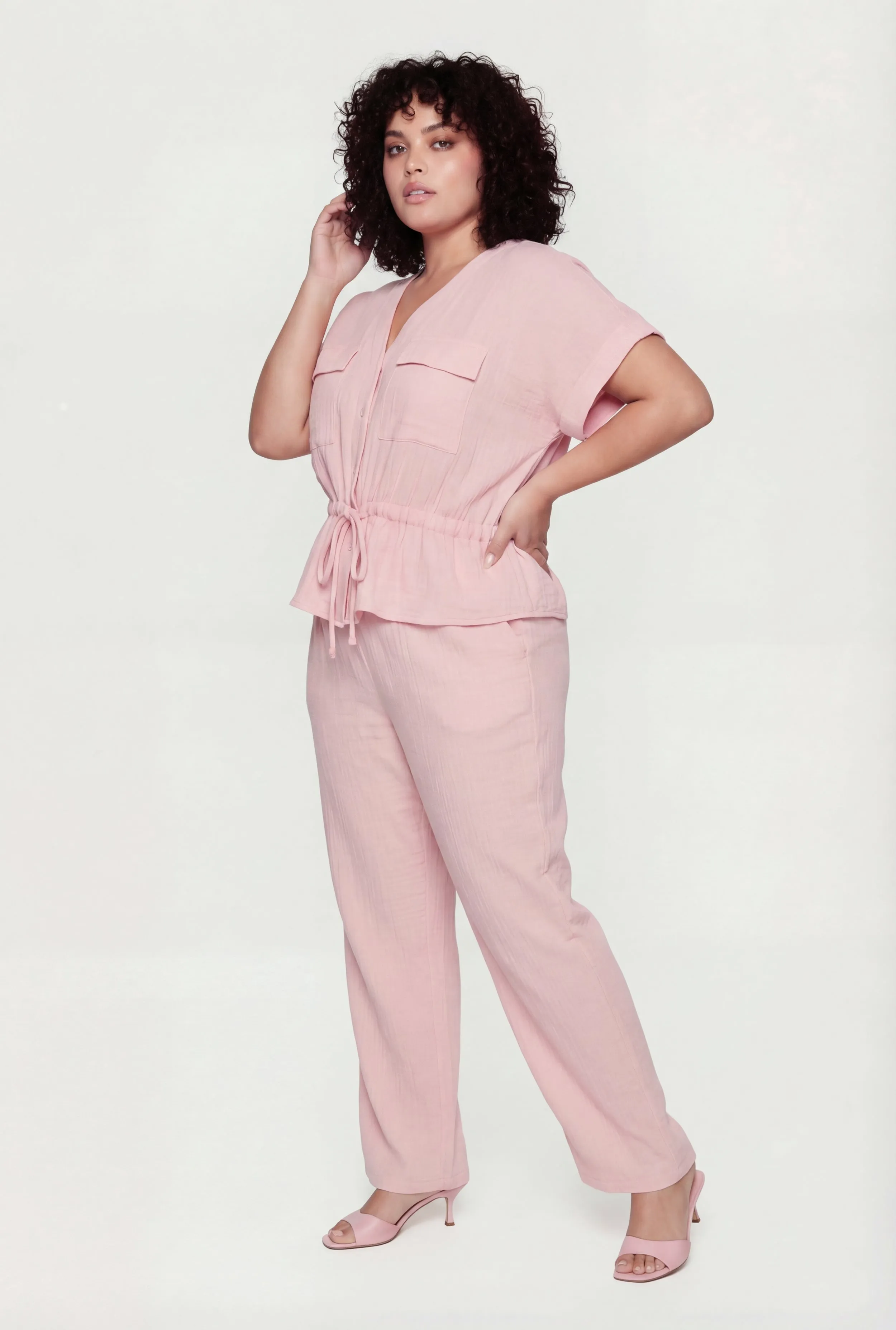 Plus Size Gauze Knit Tie Waist Buttont Front Shirt sold by Rainbow product image thumbnail 3