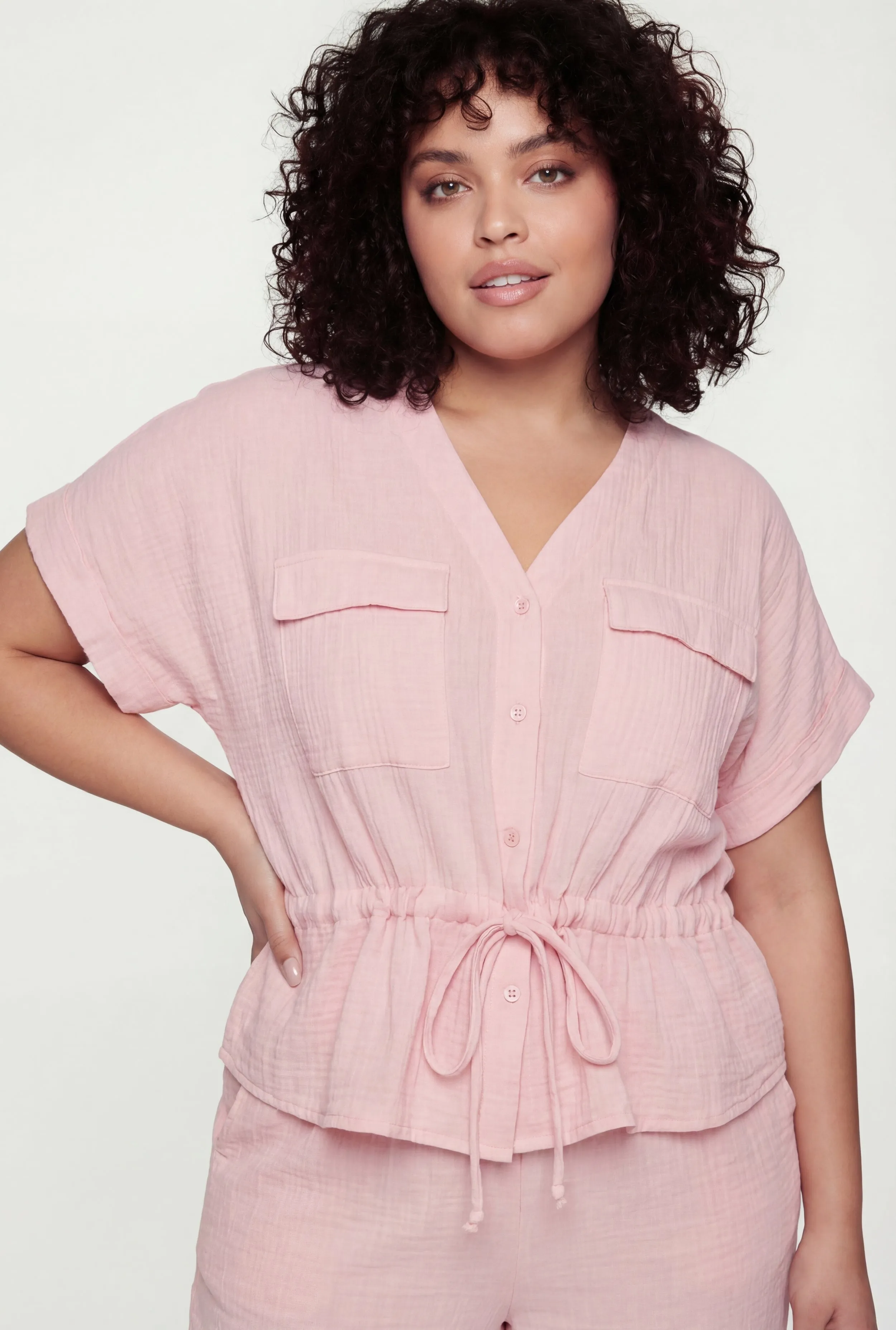 Plus Size Gauze Knit Tie Waist Buttont Front Shirt sold by Rainbow