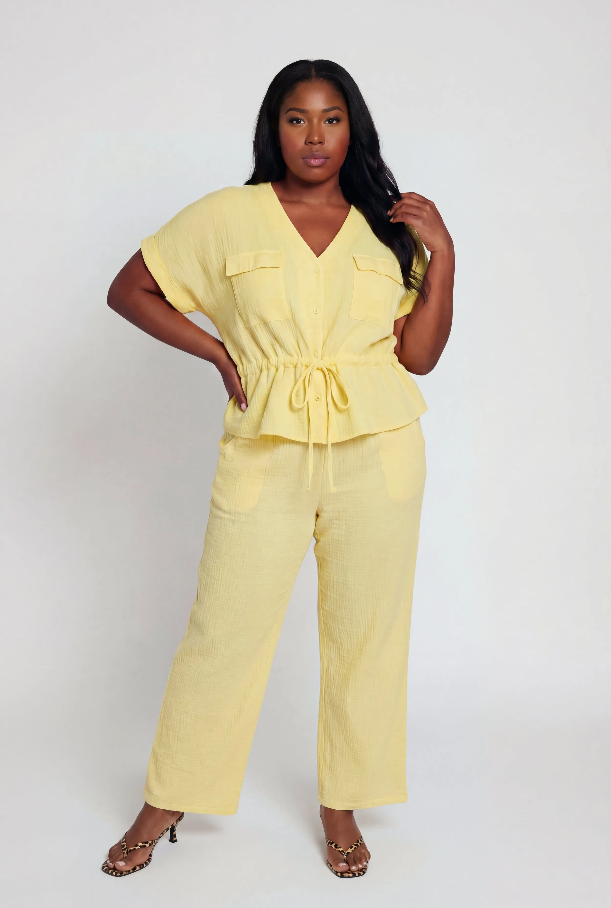 Plus Size Gauze Knit Tie Waist Buttont Front Shirt sold by Rainbow product image thumbnail 2