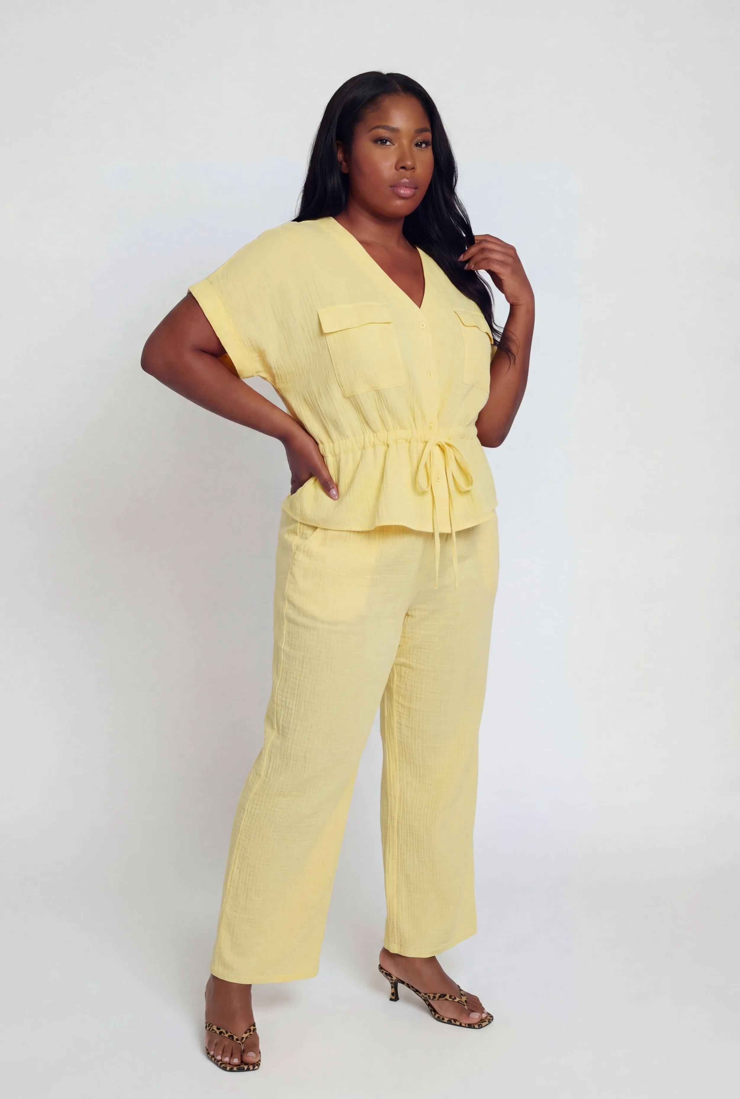 Plus Size Gauze Knit Tie Waist Buttont Front Shirt sold by Rainbow product image thumbnail 3