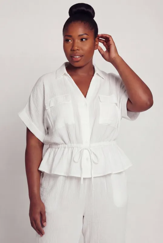 Plus Size Gauze Knit Tie Waist Buttont Front Shirt made by Rainbow