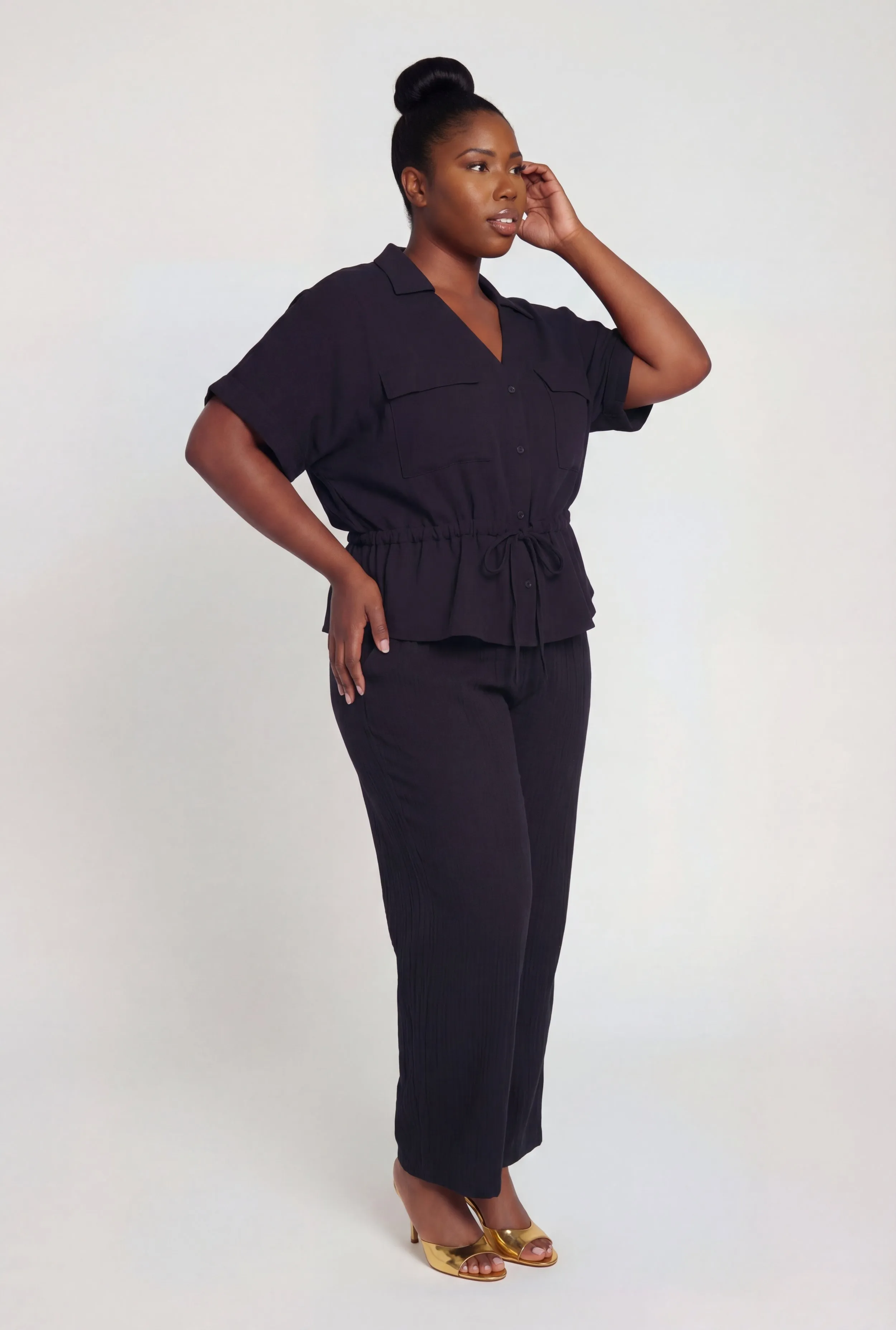 Plus Size Gauze Knit Tie Waist Buttont Front Shirt sold by Rainbow product image thumbnail 3