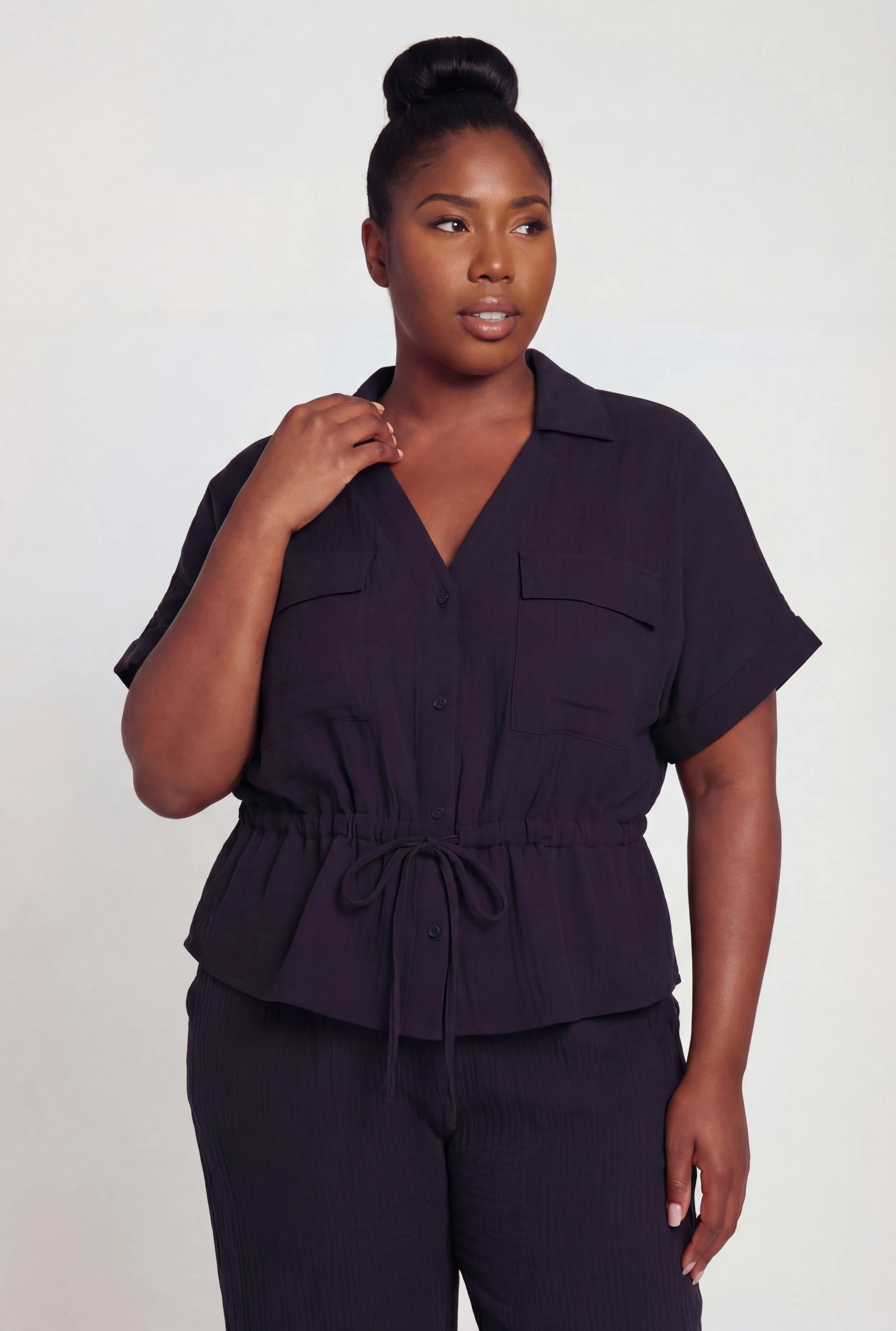Plus Size Gauze Knit Tie Waist Buttont Front Shirt sold by Rainbow
